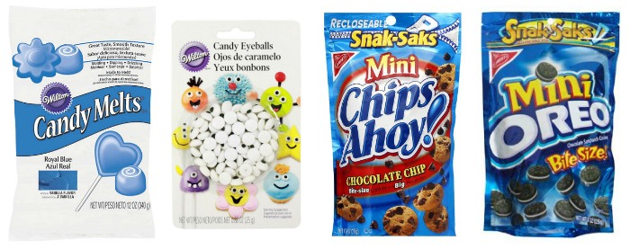 Candy melts, candy eyes, Mini chips ahoy, and mini Oreos