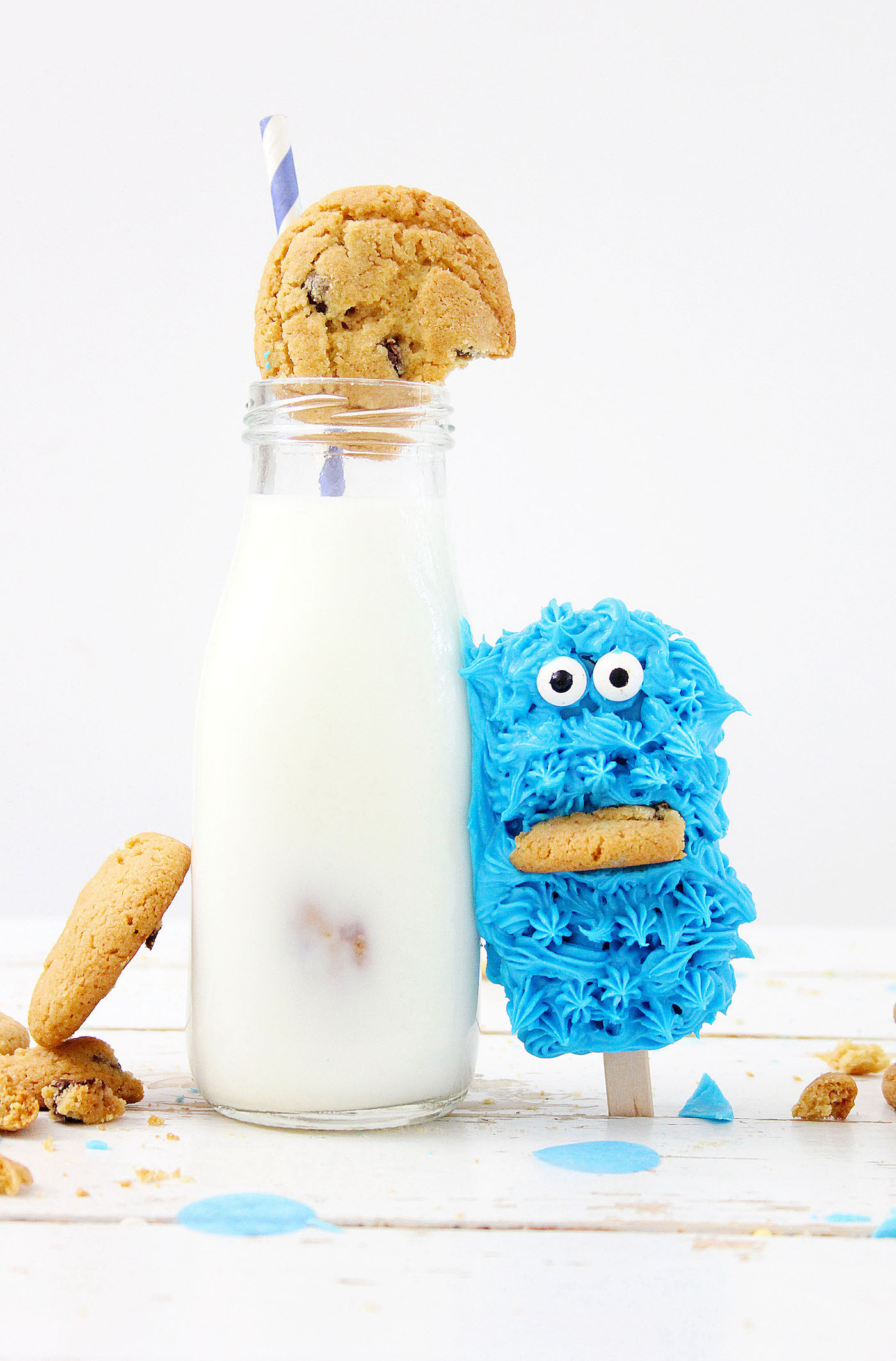 Cookie Monster Cake Pop Next to Milk Bottle