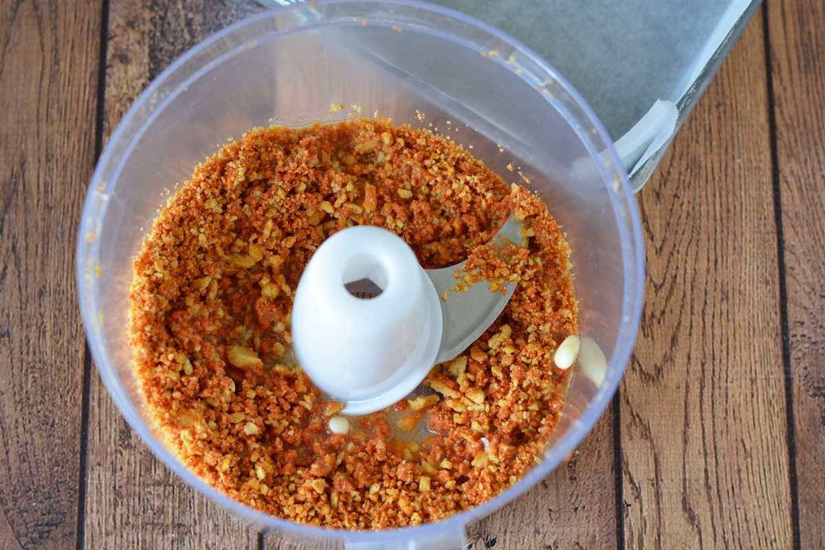 Crushed pumpkin Oreos in a food processor