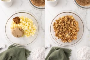 Mixing diced apples, brown sugar, and cinnamon in a bowl