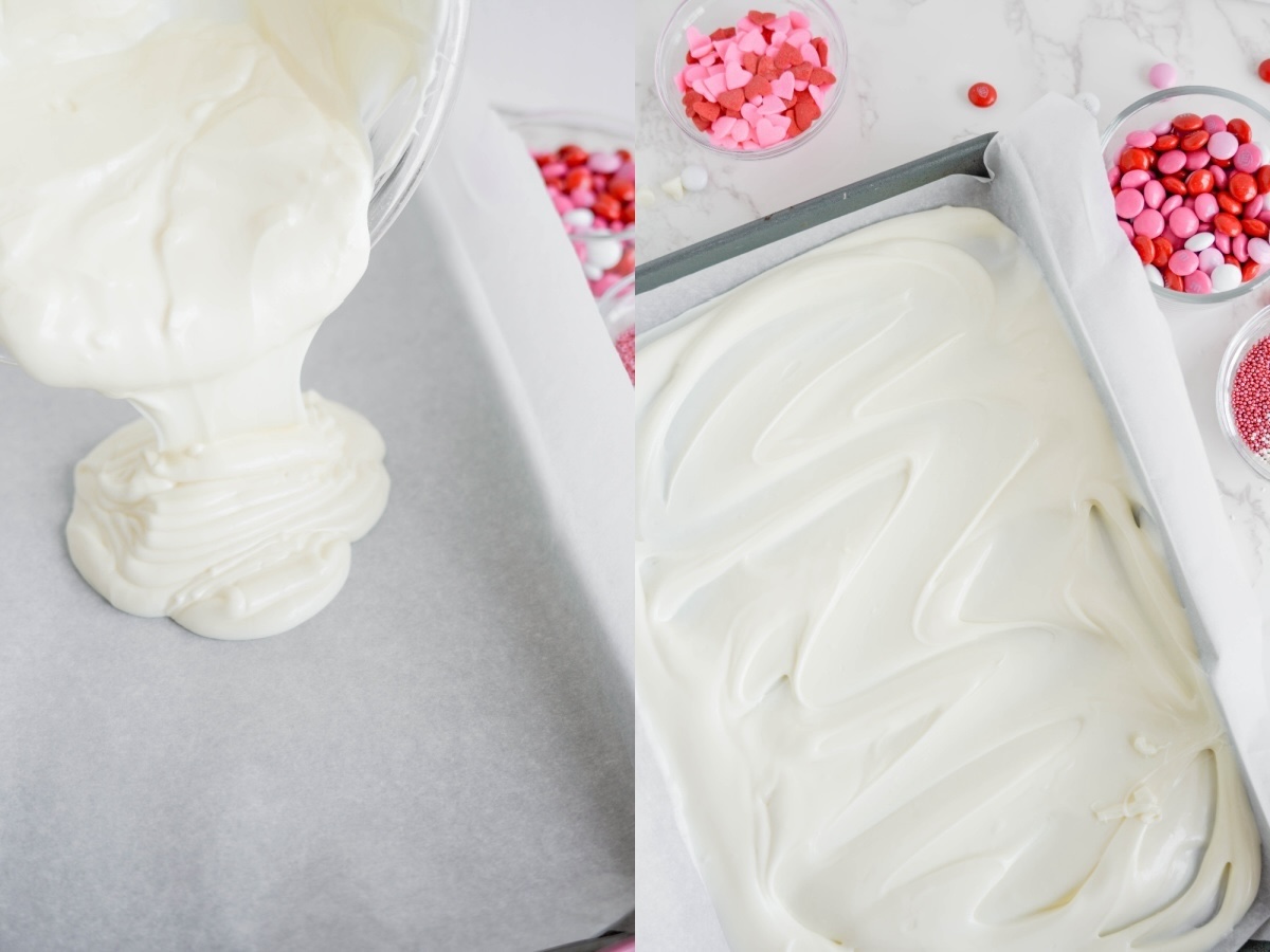 Pour the white almond bark into the pan