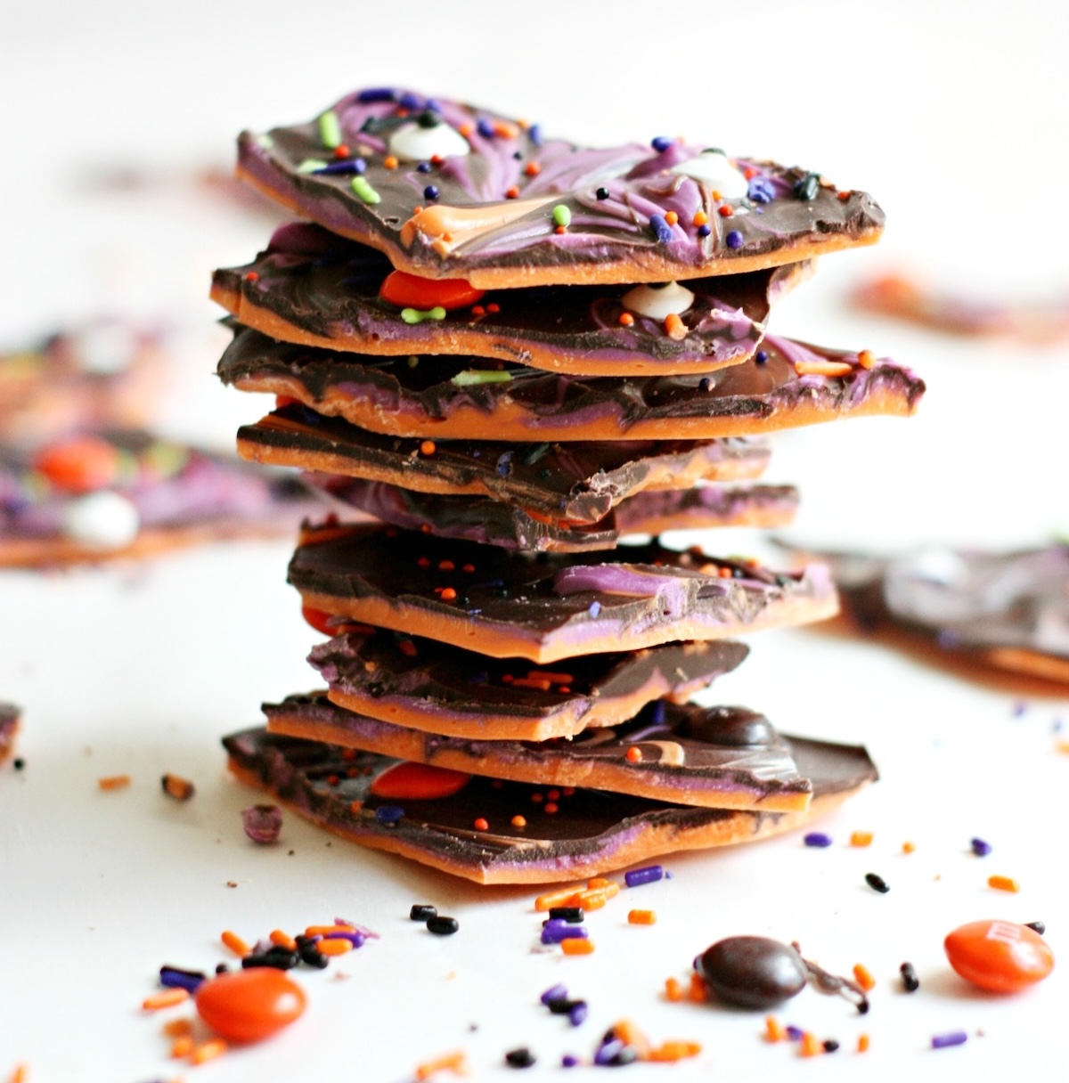 Stack of Halloween candy bark pieces