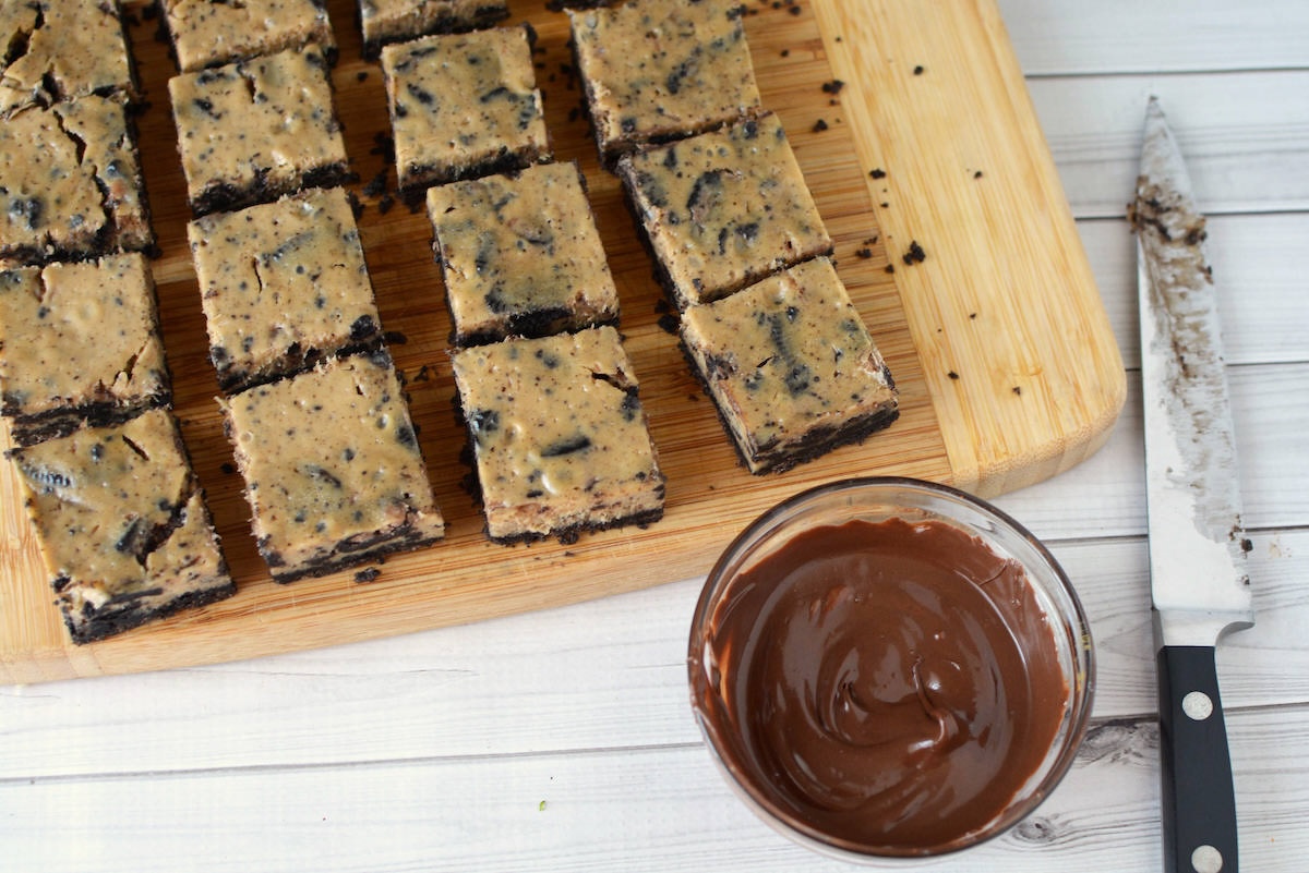 mocha bars out of the oven next to the melted chocolate