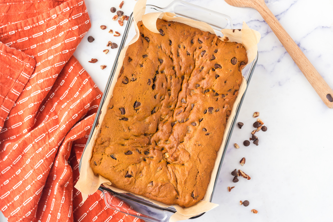 Baked pumpkin blondie bars removed from the oven and cooling