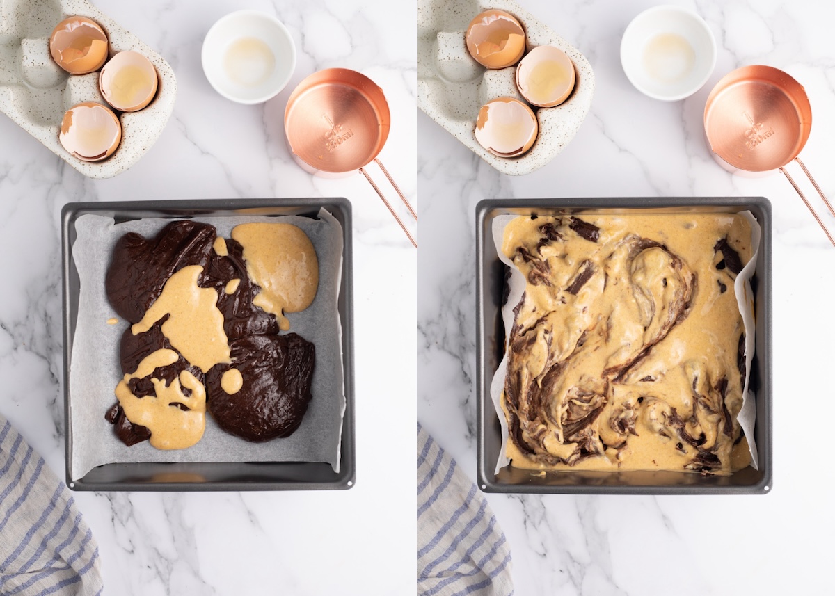 Brownie batter swirled in the pan