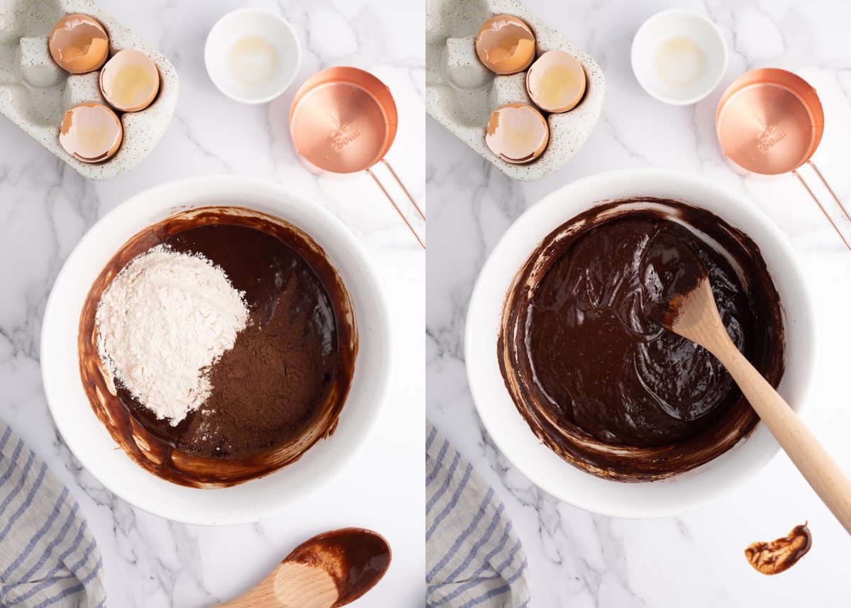 Flour and cocoa powder added to chocolate mixture