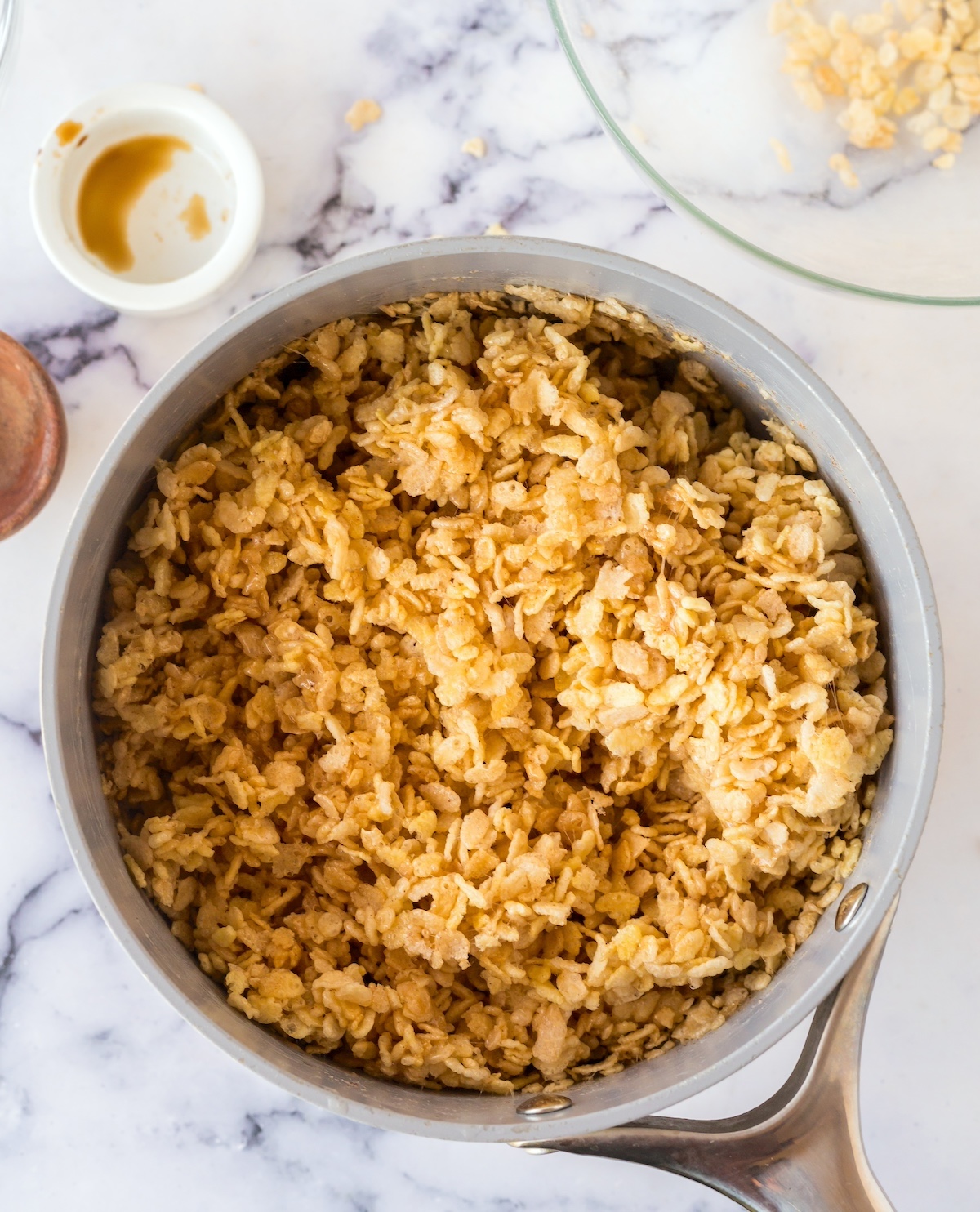 Rice cereal mixed into the marshmallow mixture with brown butter