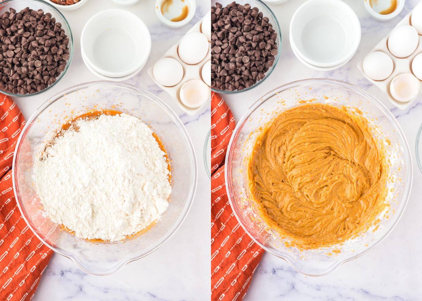 Whisk in the flour, baking soda, pumpkin pie spice, and cinnamon into batter