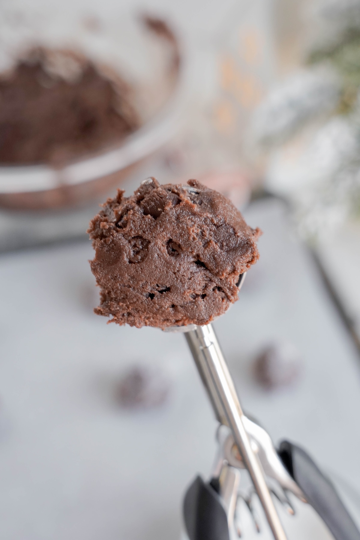 Brownie cookie dough in a cookie scoop