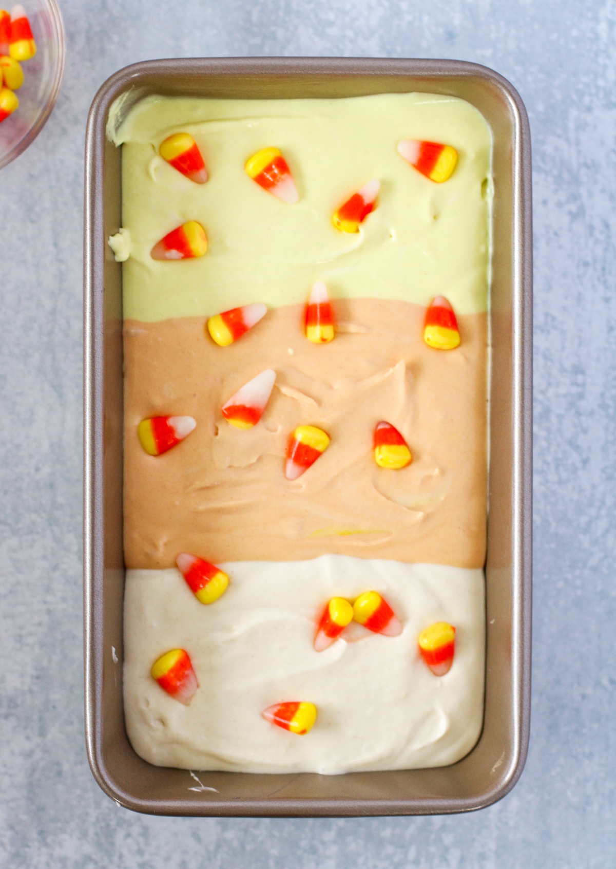 Candy corn placed on top of the ice cream