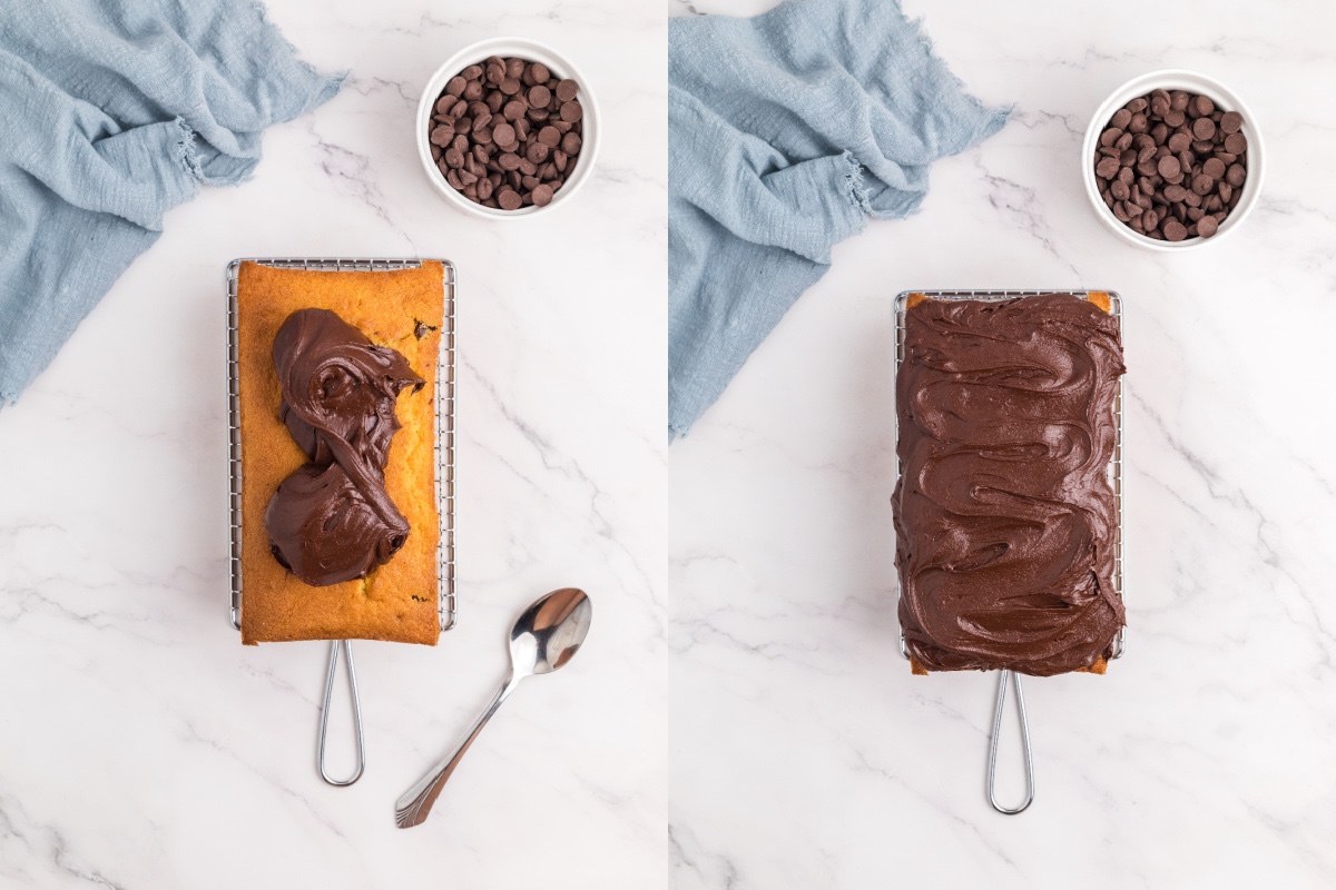 Frosting the loaf with chocolate frosting