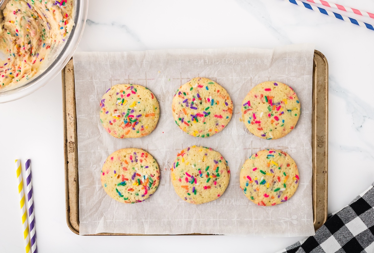 Funfetti cookies setting on the baking sheet