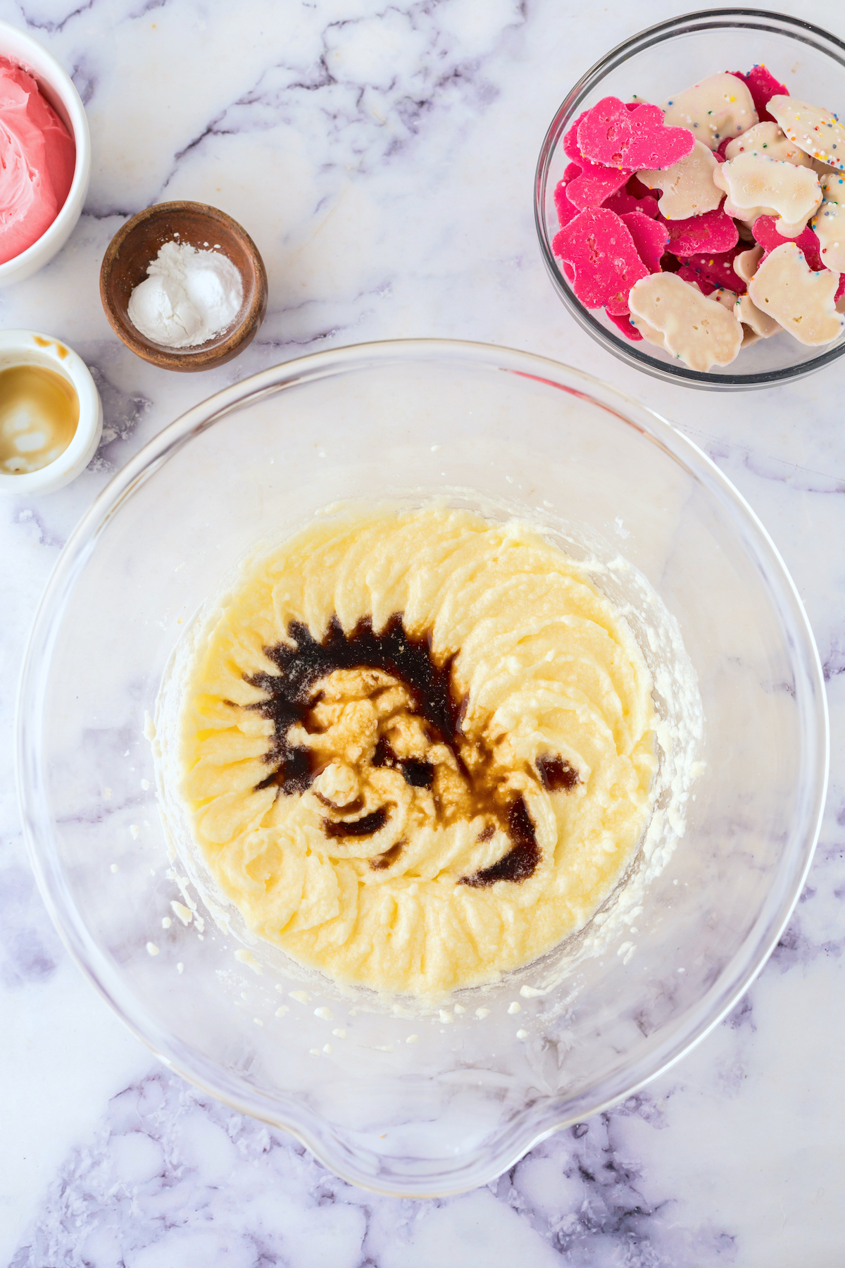 Sour cream and eggs added to the butter and sugar