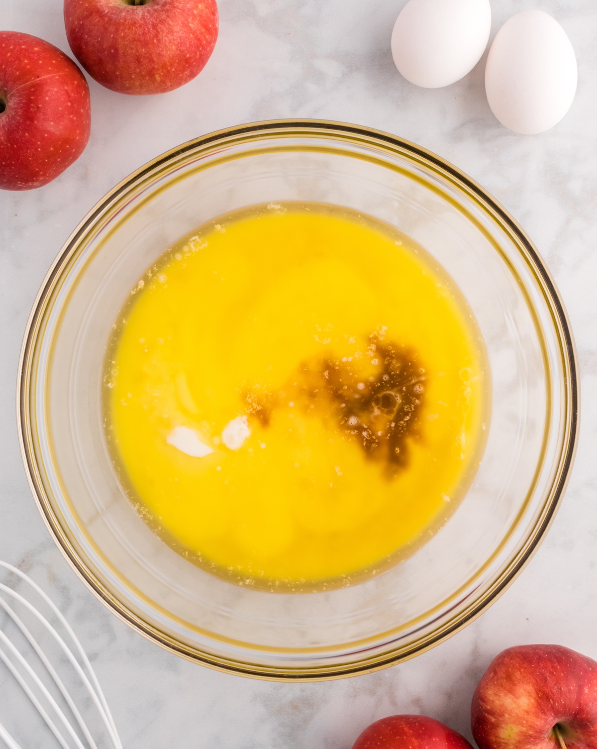 apple cider, butter, sugar, brown sugar, buttermilk, and vanilla in a glass bowl