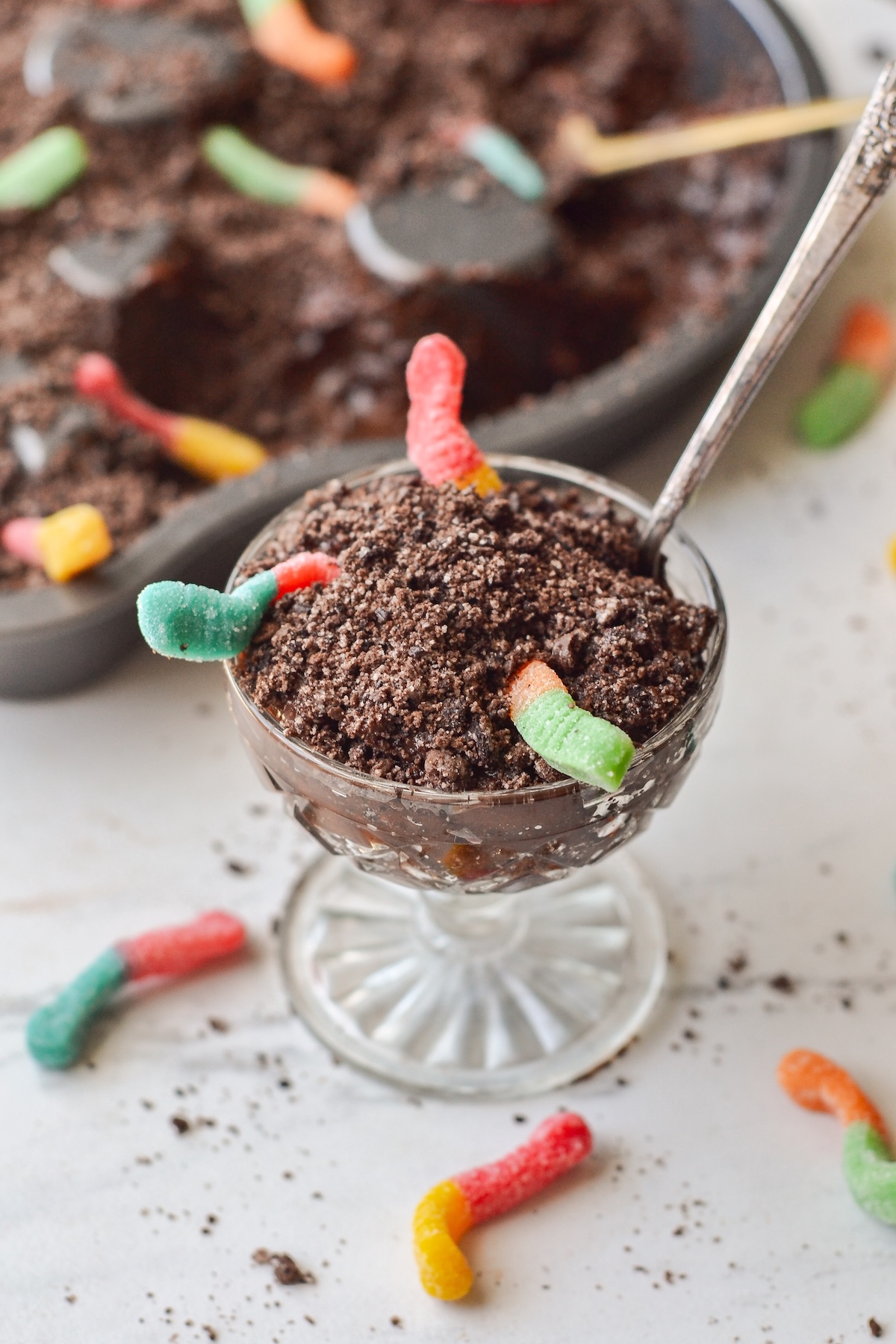 halloween worms in dirt in a small cup