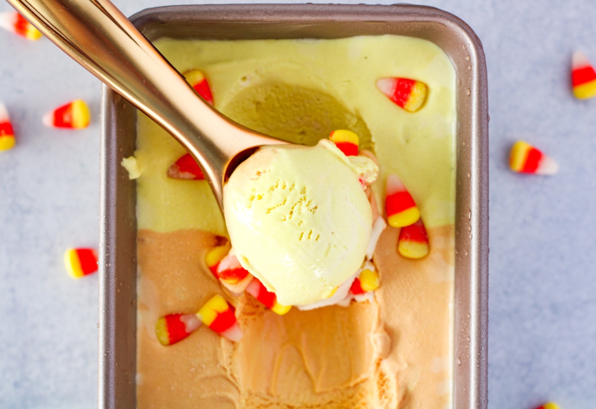 scooping candy corn ice cream