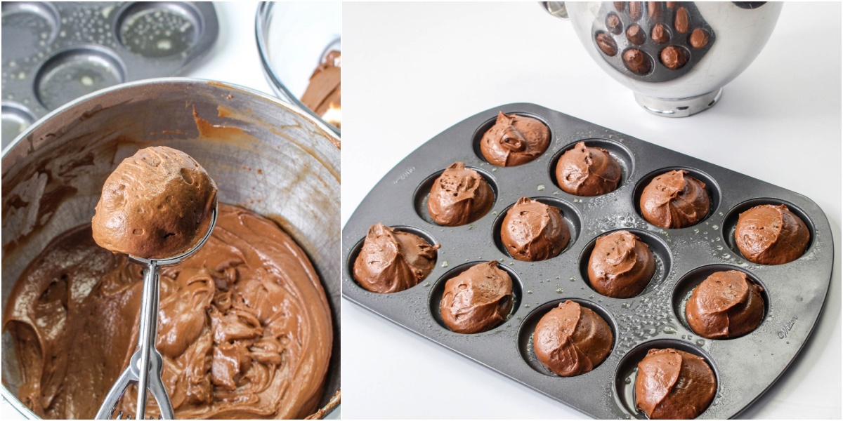 scooping the whoopie pie batter out with a cookie scoop and into the pan