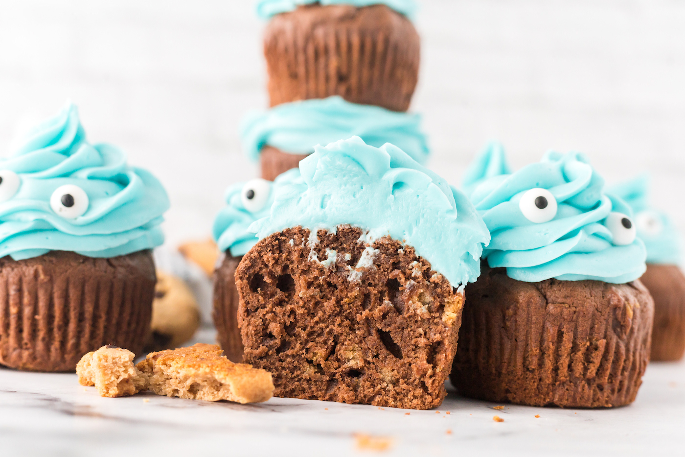 Sesame Street cookie monster cupcake cut in half