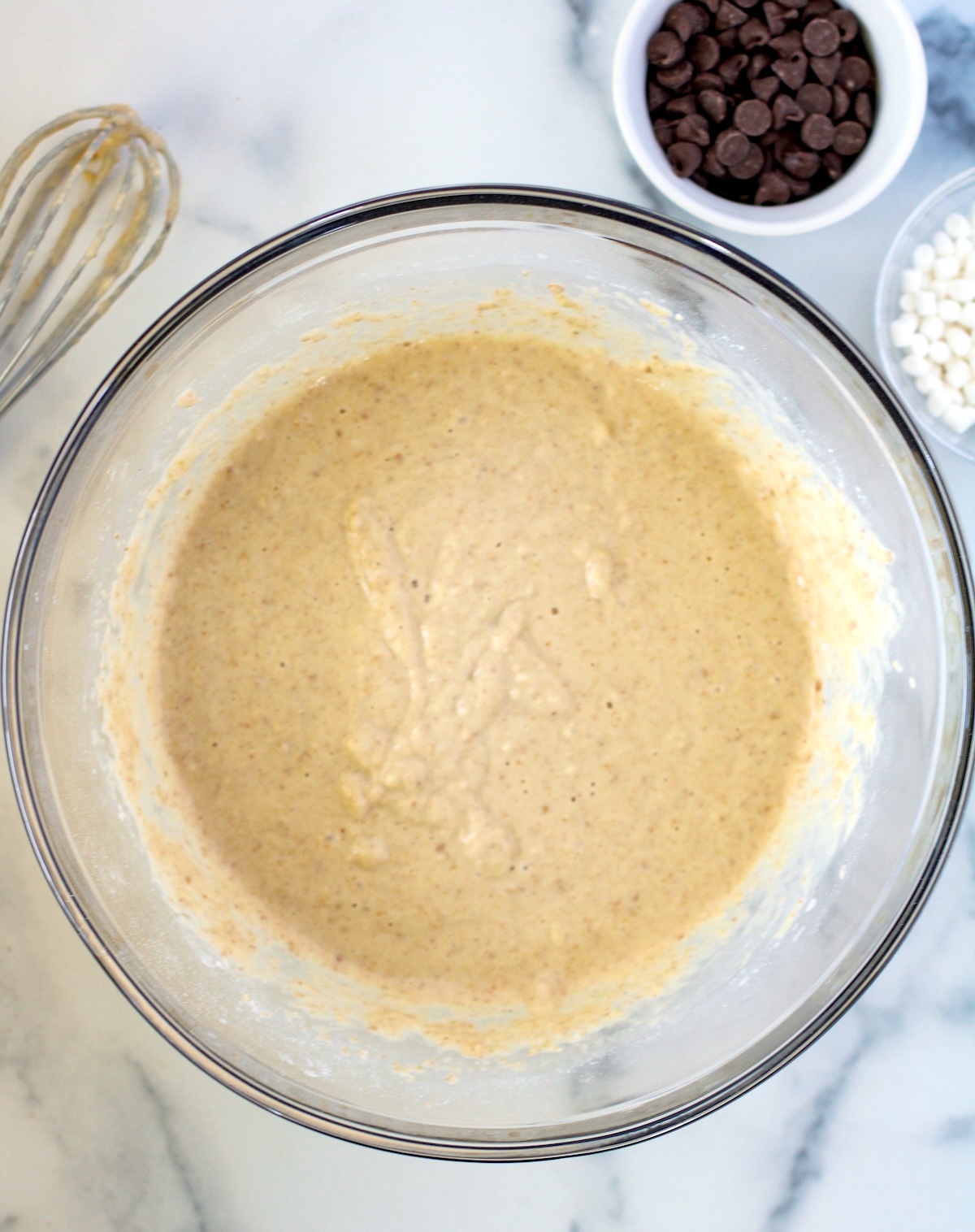 Wet ingredients mixed together with the dry to make pancake batter