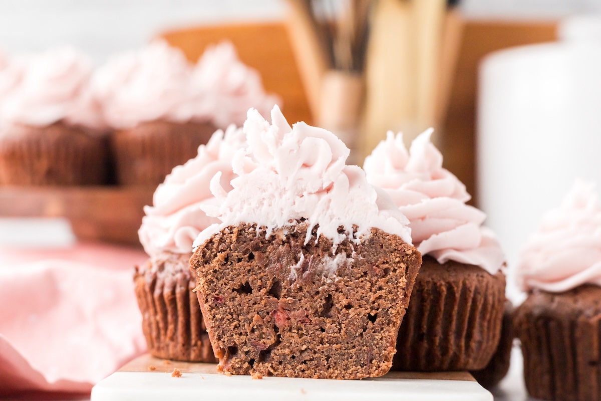 chocolate cherry cupcake cut open