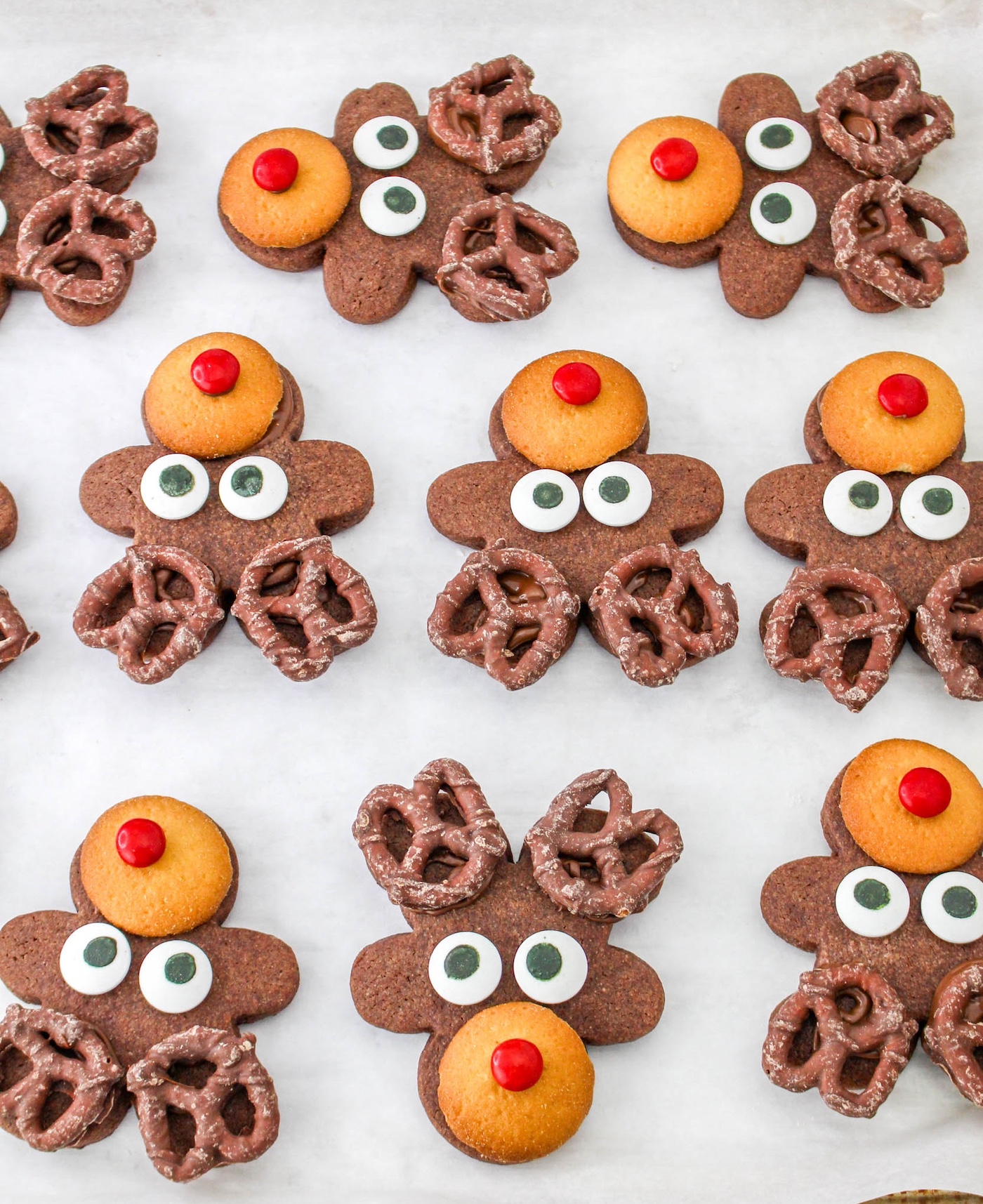 reindeer cookies on a cookie sheet