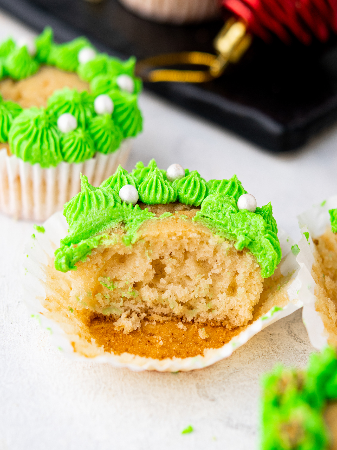 Christmas cupcake cut in half