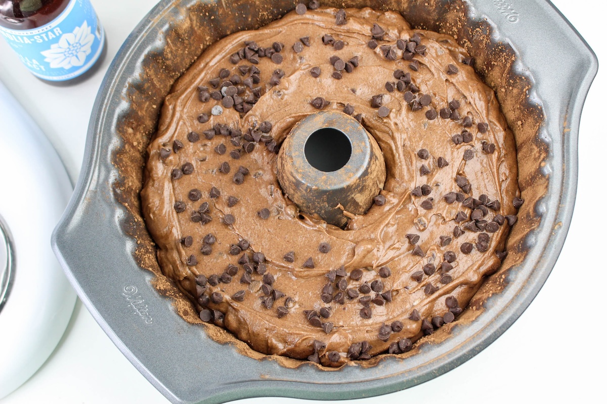 chocolate batter added to the bundt pan