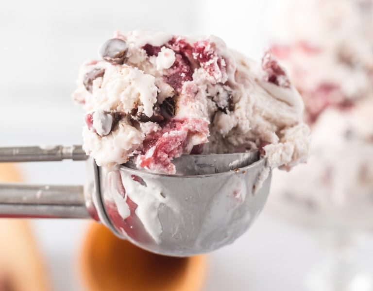 chocolate cherry garcia on a metal scoop